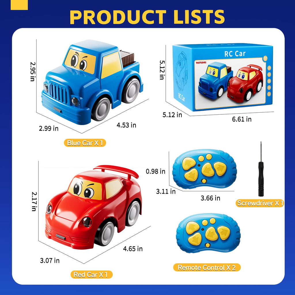 WATUDOU Remote Control Car for Toddlers 1-3 2-4 3-5, 2 Pack Cartoon 2.4 GHz RC Cars for Kids, Electric Hobby RC Car Toys, Christmas Birthday Gifts Toys for Kids Boys Girls 2 3 4 5 6 Years Old