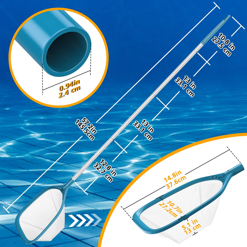 SORSWEET Professional Pool Skimmer Net 57 inch with 4 Aluminum Poles - Fine Mesh for Fast Debris Removal - Ideal Pool Nets for Cleaning Ponds, Spas, and Hot Tubs - Efficient Pool Maintenance