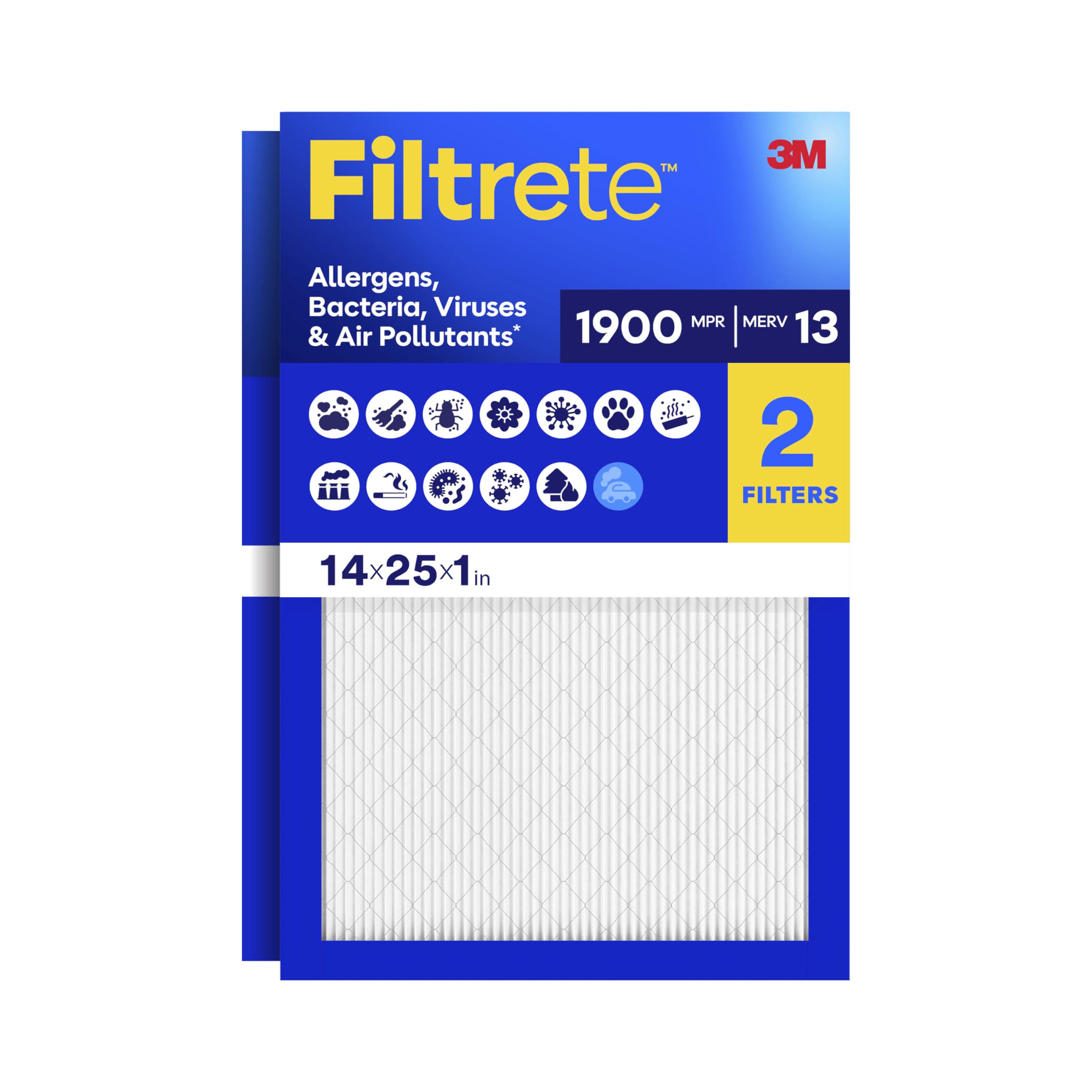 Filtrete 14x25x1 Air Filter, MERV 13 MPR 1900, Allergens, Bacteria, Viruses & Air Pollutants, 3-Month AC/Furnace Filters, Cleaner Air Reliable Airflow, 2 HVAC Filters(Act Size 13.62x24.62x0.78 in)