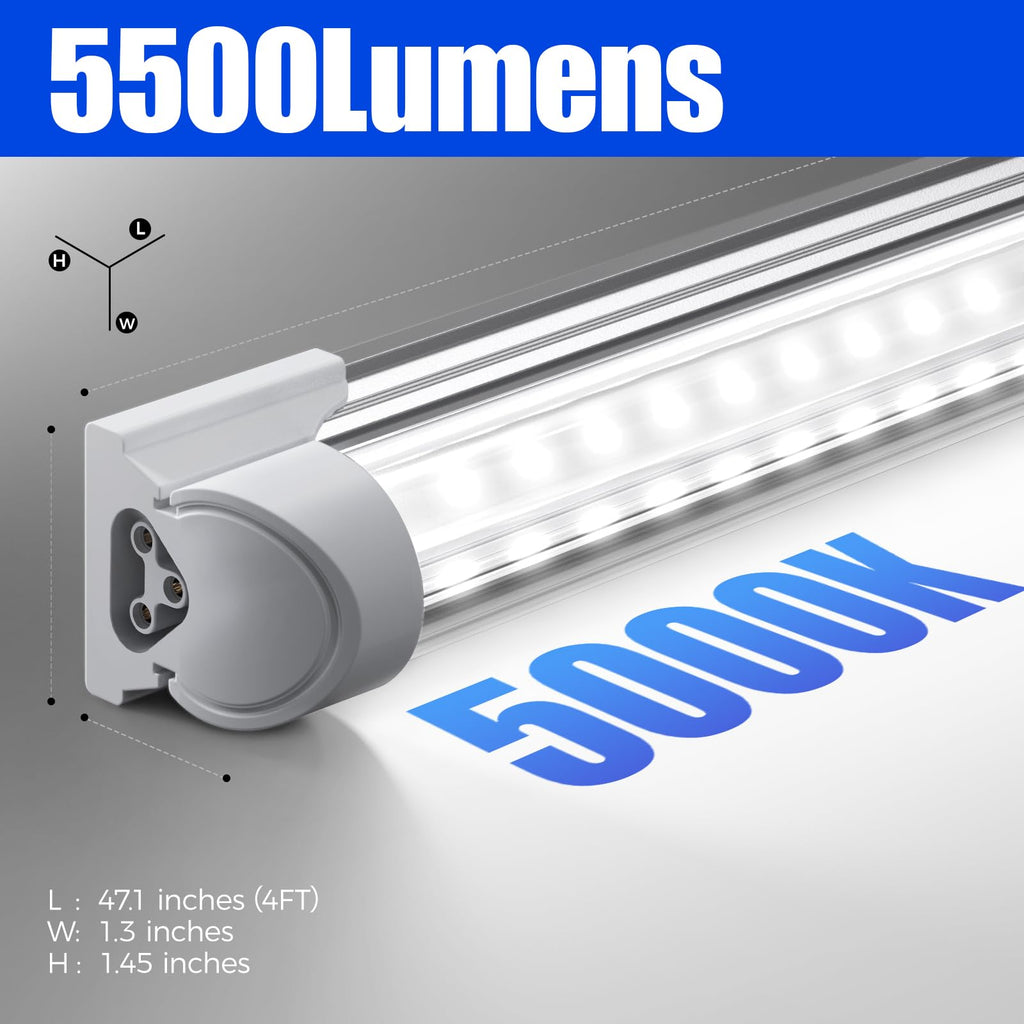 Barrina LED Shop Lights 4FT, 40W 5500LM 5000K Daylight White, T8 LED Garage Lights, V Shape, Clear Cover, High Output Tube, Linkable 4 Foot LED Strip Light for Workshop, Warehouse with Plug, 2 Packs