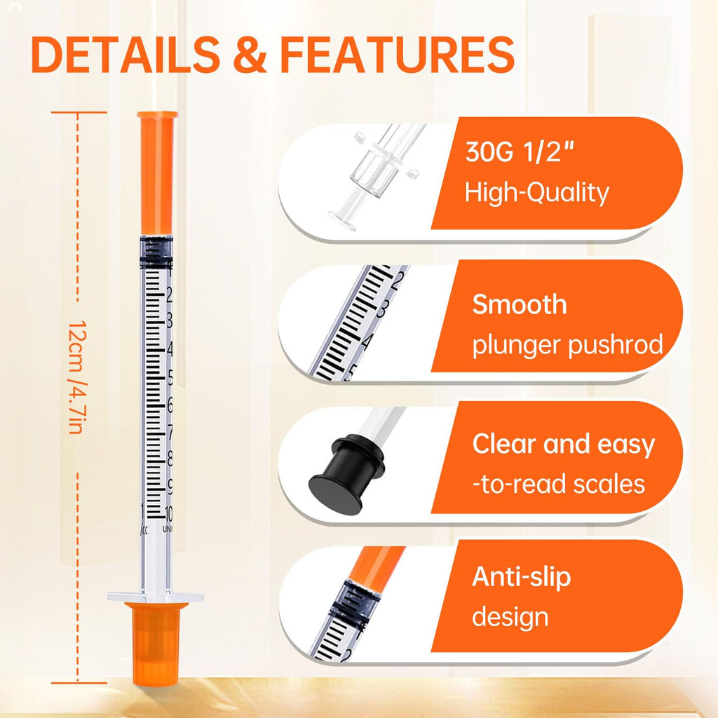 1ml Syringe with 30G 1/2-Inch(12.7mm), Individually Wrapped, 100-Pack Scientific Lab Syrings
