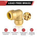 (Pack of 6) EFIELD 1/2-inch 90-Degree Elbow, Push-Fit Brass Fittings to Connect Copper, PEX, CPVC Pipe with 1/2" Disconnect Clip, UPC Certified,(PF-UNI008)