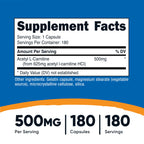 Nutricost Acetyl L-Carnitine (ALCAR) 500mg, 180 Capsules, 180 Servings - Non-GMO and Gluten Free, 1 Capsule per Serving
