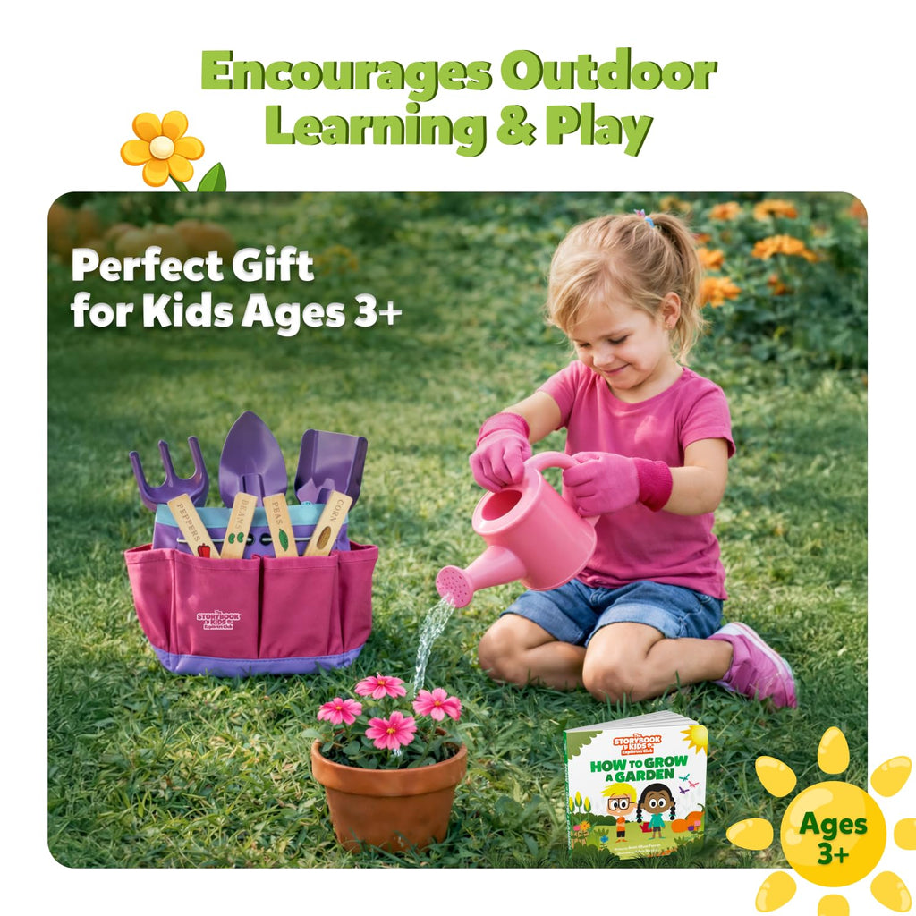 Pink Kids Gardening Tools - Includes Sturdy Tote Bag, Watering Can, Gloves, Shovels, Garden Stakes, and a Delightful Children's Book How to Garden Tale - Kids Garden Tool Set for Toddler Age on up.