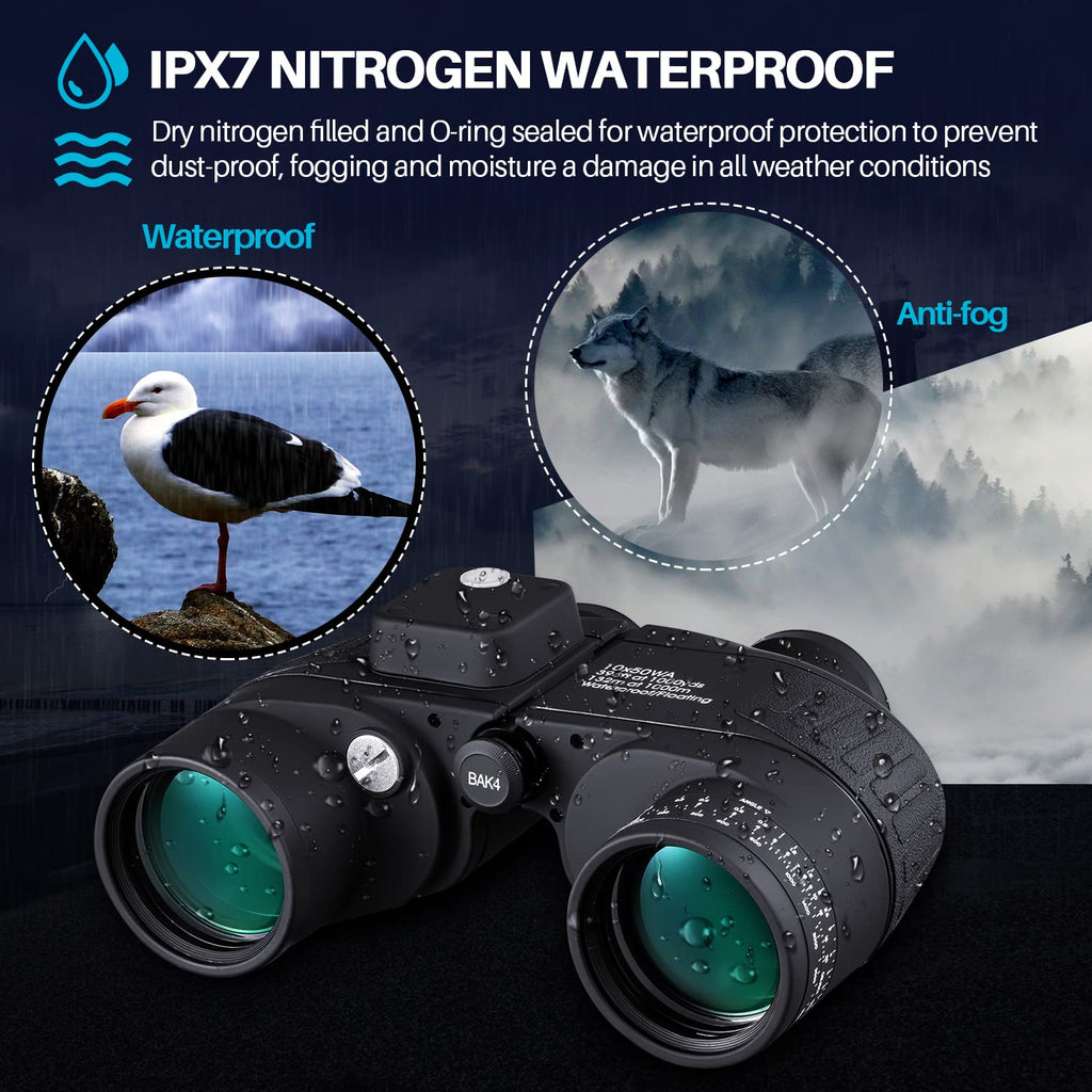 10x50 Marine Binoculars with Rangefinder for Adults - IPX7 Waterproof BAK4 Prism FMC Lens Binoculars with Compass and Shoulder Harness Strap for Navigation Hunting Bird Watching