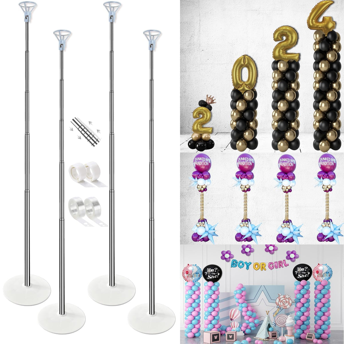GIMCALO Balloon Column Stand Kit Set of 4, 7ft Height Adjustable Balloon Arch Kit with 2 Ballon Garland Strip, Metal Telescopic Pillar Balloon Stand, Birthday Party, Graduation, Halloween Decorations