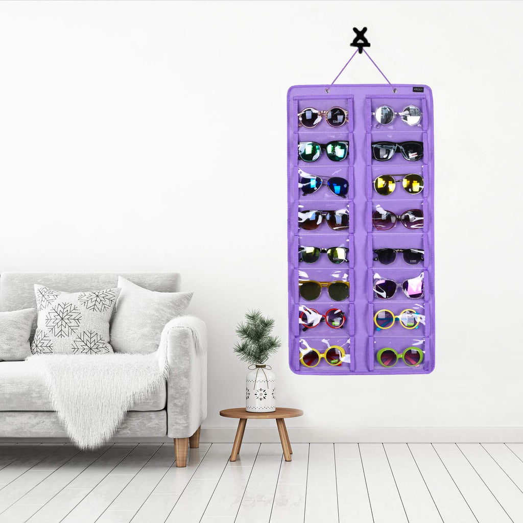 AROUY Sunglasses Organizer Storage, Hanging Dust Proof Wall Pocket Glasses Organizer - 16 Felt Slots Sunglass Organizer Holder with Metal Hook and Sturdy Rope (Dust Proof, Purple)