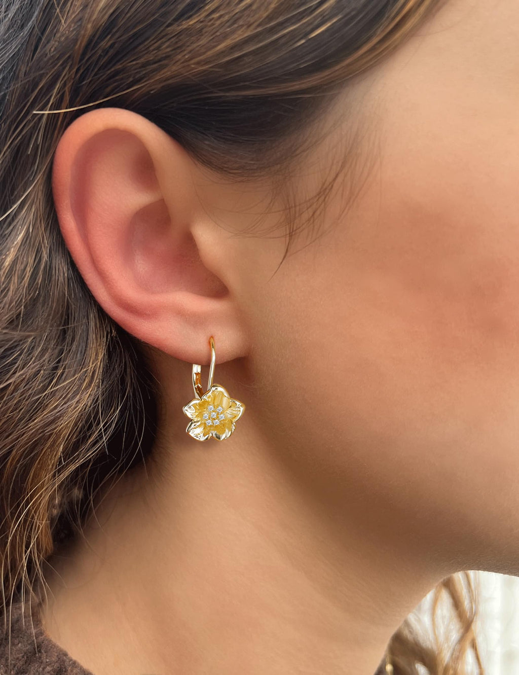 Mameloly Flower Earrings for Women Leverback CZ Dainty 14K Gold Plated