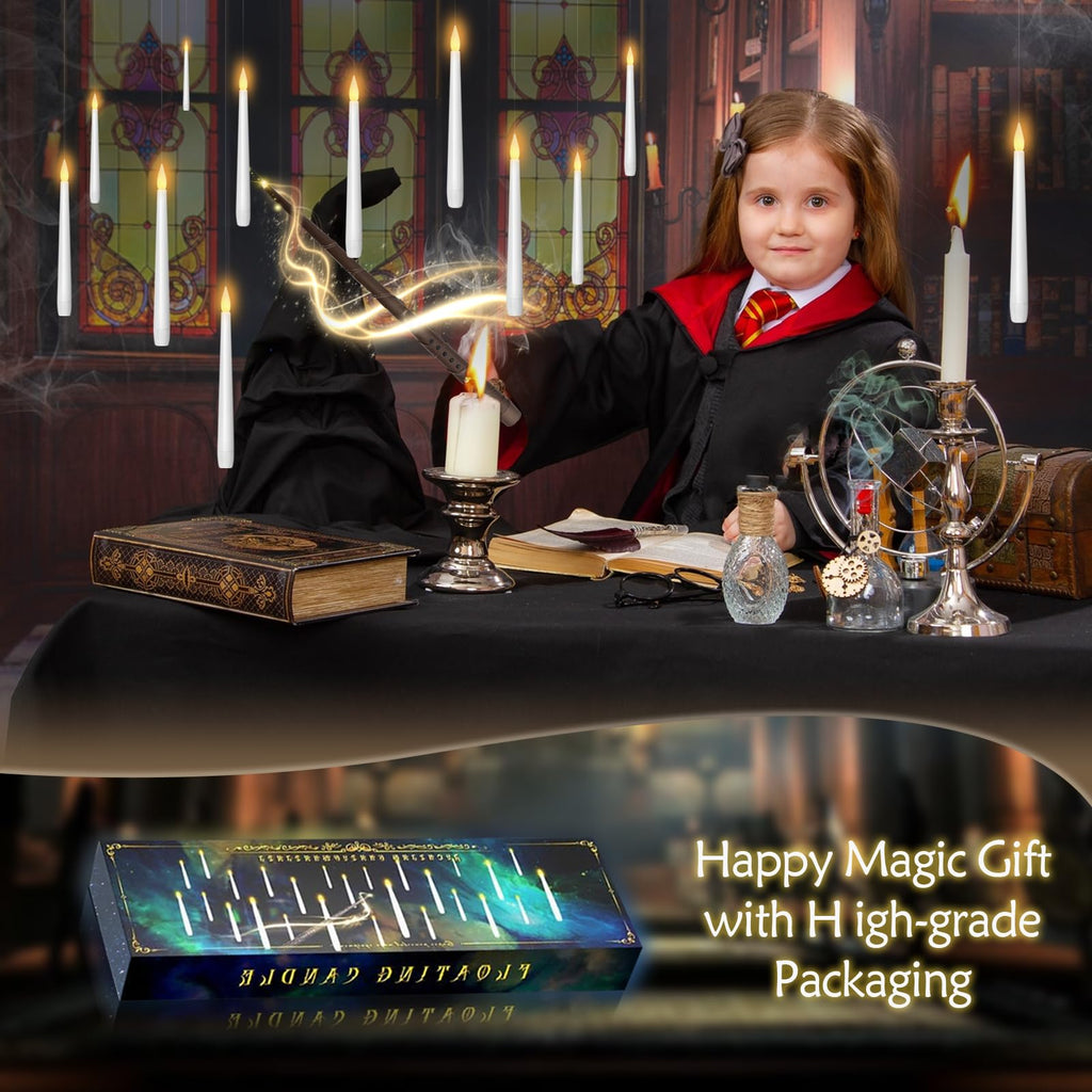 kakoya Flameless Floating Candles with Wand，12 Pcs Magic LED Hanging Taper Candles，Flickering Battery Operated Taper Candle with Wand Remote for Halloween Decorations Best Gift（White）
