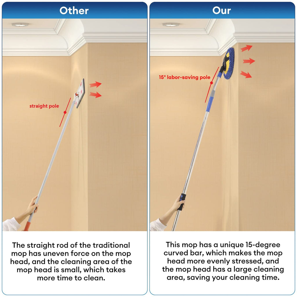 Wall Cleaner, Max 66'' Wall Mop with Long Handle, Ceiling Dust Mop with 15° Labor-Saving Elbow Extension Pole, Baseboard Duster Washer Scrubber, High Reach Window Cleaning Brush, Roof Cleaning Tool-BU