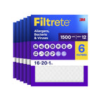 Filtrete 16x20x1 Air Filter, MERV 12, MPR 1500, Allergens, Bacteria & Viruses, 3-Month AC and Furnace Filters, Cleaner Air, Reliable Airflow, 6 HVAC Filters (Actual Size 15.62 x 19.62 x 0.78 in)