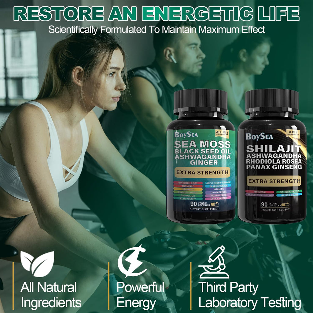 Boysea.Shilajit and Sea Moss Bundle- 90 Count - Sea Moss, Black Seed Oil, Ashwagandha, Ginger & Shilajit, Rhodiola Rosea, All in 1 Supplements (2 Pc)