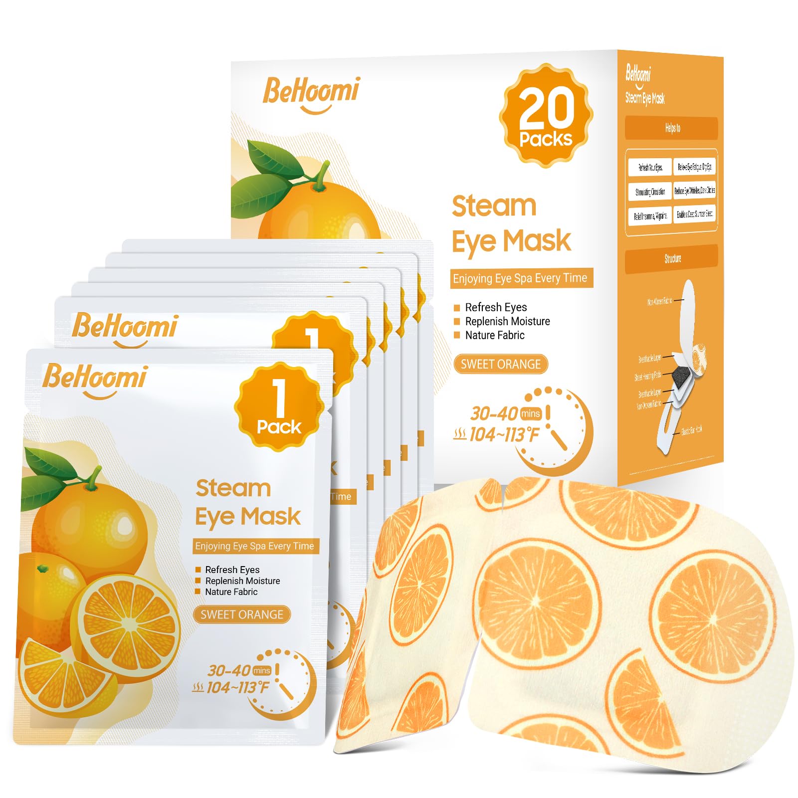 BeHoomi 20Packs Steam Eye Mask, Heated Eye Mask Warm Compress for Eyes, Disposable Self Heating Steam Mask for Home, Sleep, Spa, Travel Essentials & Relaxation Gifts, Valentine's Day Gifts (Orange)