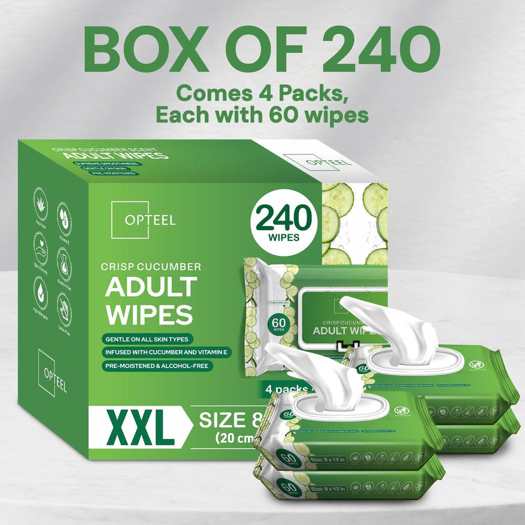 Adult Wipes Extra Large Scented - Skin-Friendly Incontinence Wet Wipes for Adults & Elderly Disposable Washcloths - 8x13" 4 Packs of 60 (240 Wipes)