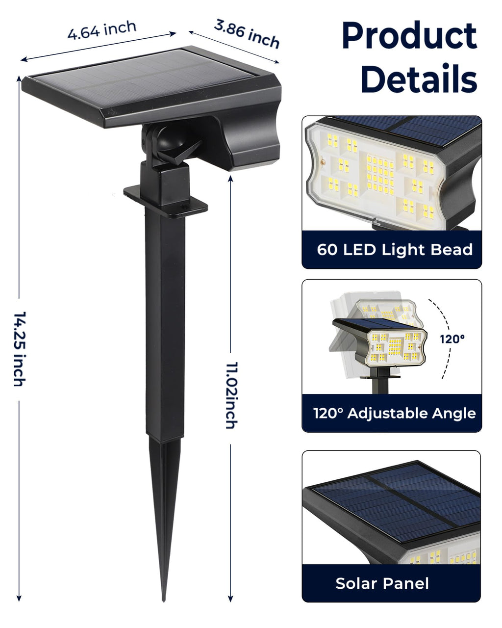 HGGH Solar Lights Outdoor Waterproof IP67, 60 LED 3 Lighting Modes Solar Spot Lights Outdoor for Yard Garden Pathway Landscape, Auto On/Off, Function 2 in 1(Cool White, 4 Pack)