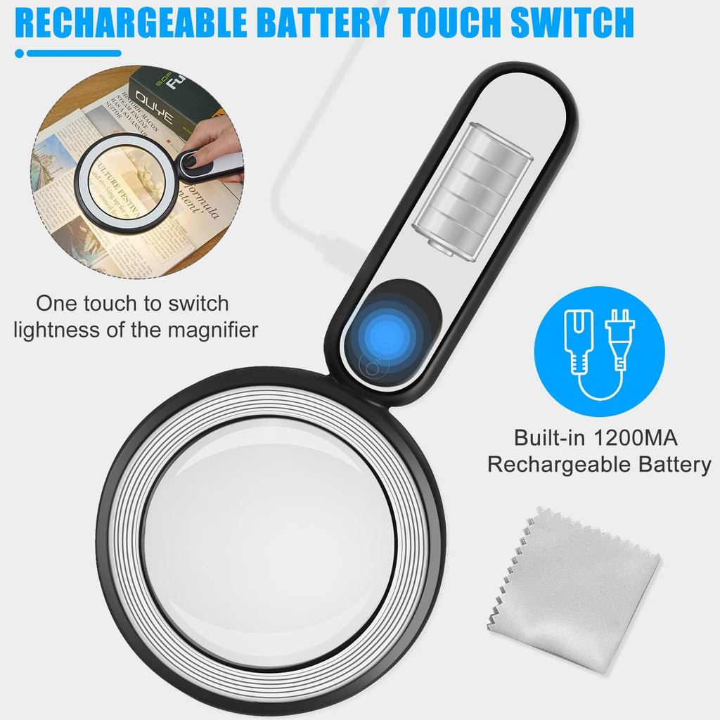 Rechargeable Magnifying Glass with Light, 30X 4.7IN Handheld Large Lightweight Lighted Magnify Len 21 LED 3 Modes Illuminated Book Magnifier forSenior,Reading,Inspection,Coin,JewelryChristmasGift
