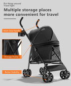 OS MOTOR Pet Stroller with 4 Wheels for Small/Medium Pets, Portable Travel Foldable Carrier Jogger for Dog Cat Puppy Kitty, Rear Wheel Breaks, Storage Basket, Visible Mesh with Weather Cover (Black)