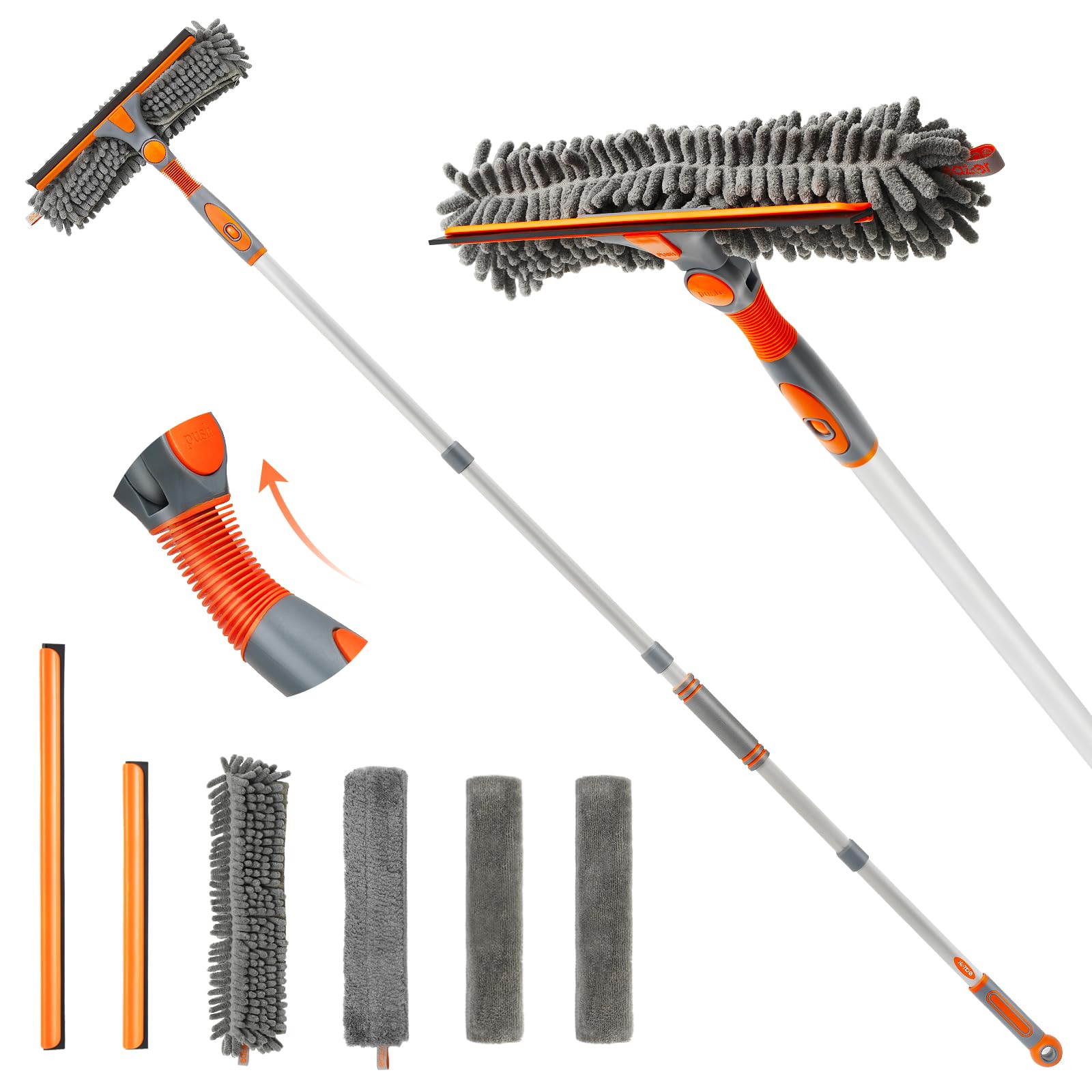 Eazer Squeegee Window Cleaner Tool, 2 in 1 Rotatable Window Cleaning Squeegee Kit with Extension Pole, 62'' Window Washing Kit, Bendable Head for Car Glass - 2 Scraper
