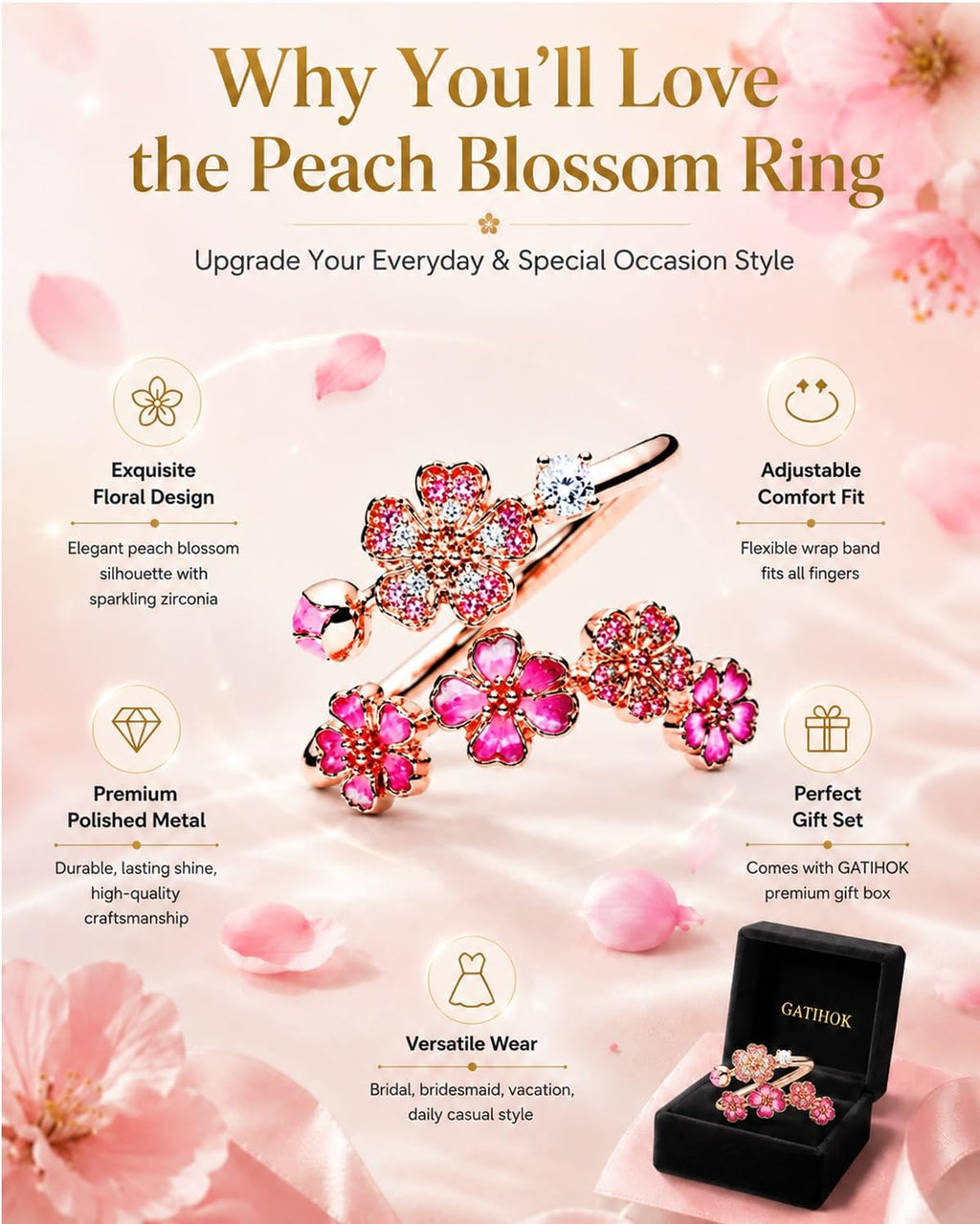 GATIHOK Peach Blossom Ring, Pink Flower Rings for Women Gemstone Everyday Trendy Bridal Bridesmaid Adjustable Metal Ring Hand Flower for Wedding Silver Minimalist Bloom Petal Rings Vacation