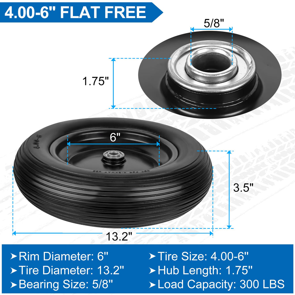 4.00-6 Flat Free Wheelbarrow Tires and Wheels, 13 Inch Wheelbarrow Tires with 5/8" or 3/4" Bearings, 1.75'' Centered Hub Hand Truck Solid Wheels Replacement for Hand Trucks, Dolly Trolleies, 2 PCS