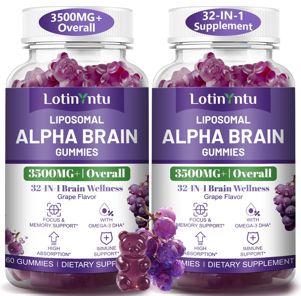 2 Pack 32 in 1 Liposomal 3500MG+ Alpha GPC Brain Focus Gummies,with Omega-3 DHA+EPA,Lutein Zeaxanthin and Caffeine etc for High Absorption for Focus & Memory Support, Immune Boost