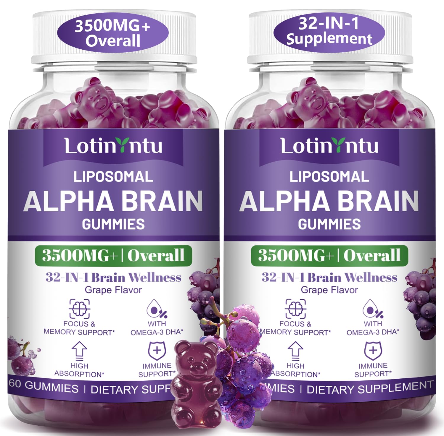 2 Pack 32 in 1 Liposomal 3500MG+ Alpha GPC Brain Focus Gummies,with Omega-3 DHA+EPA,Lutein Zeaxanthin and Caffeine etc for High Absorption for Focus & Memory Support, Immune Boost