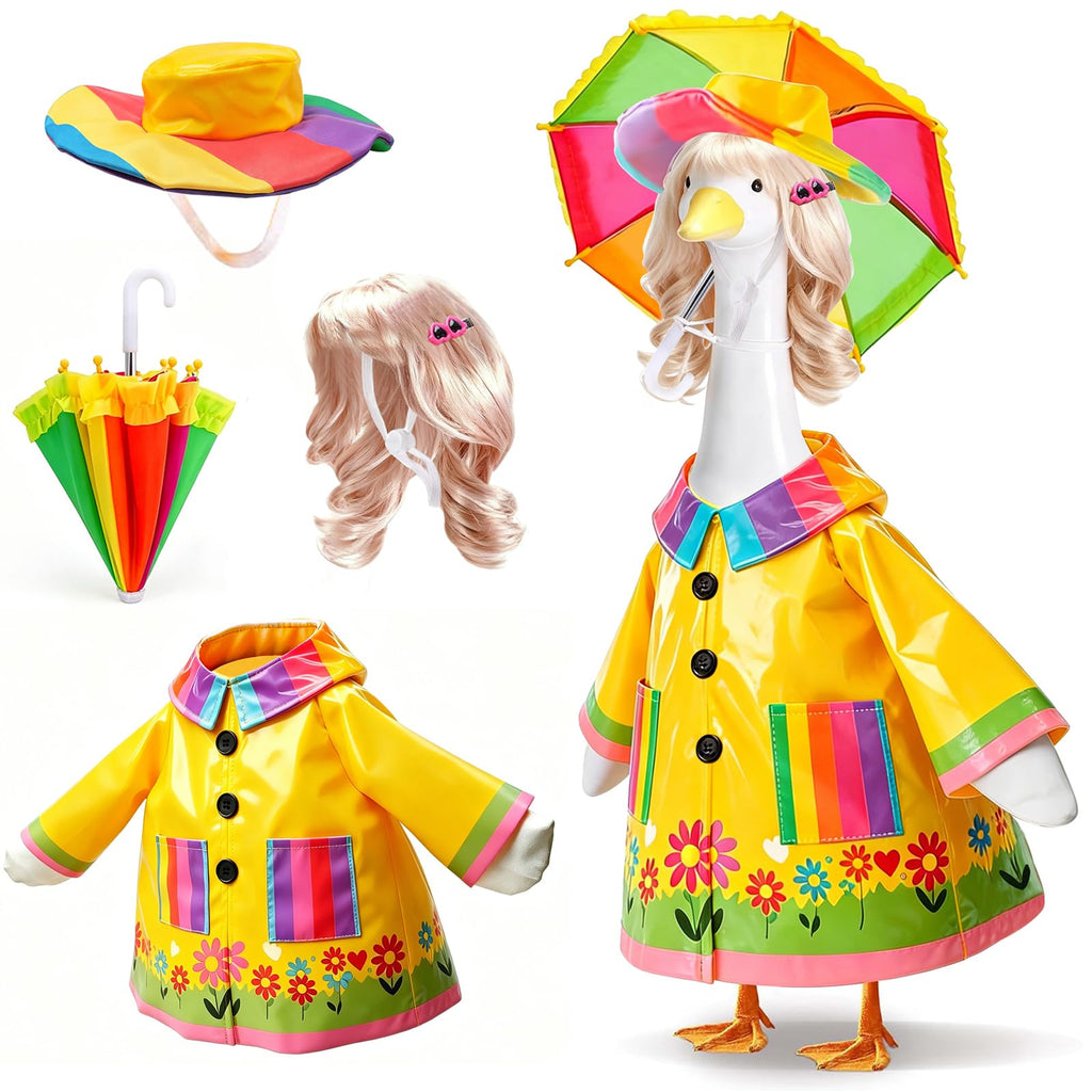 XEVZOK 4 Pcs Porch Goose Raincoat with Wigs, Outfits and Clothes, Spring Summer Goose Statue Raincoat Costume, 23" Geese Statue Clothes for Patio Yard Lawn Outdoor Decor