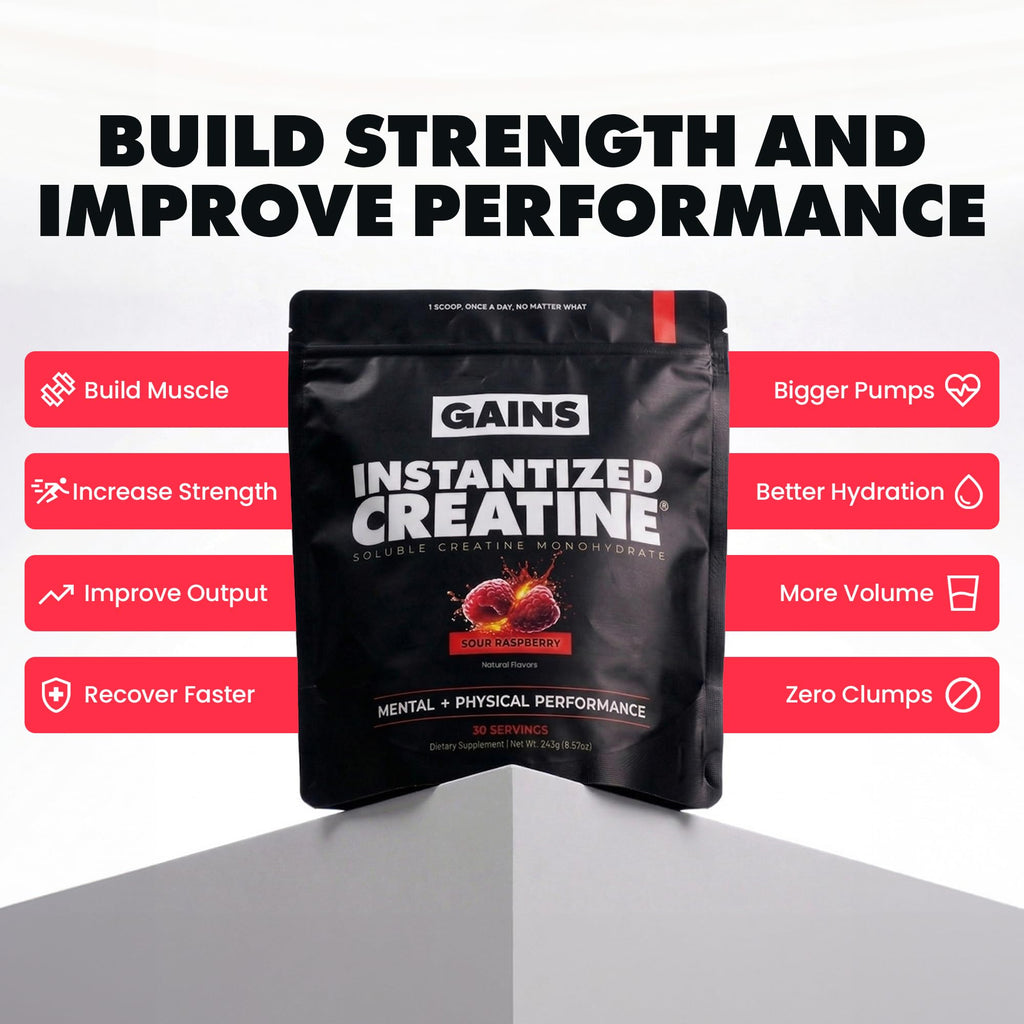 Gains in Bulk Instantized Creatine Monohydrate for Men & Women, Soluble Pre Workout Powder, Supports Muscle Building, Strength and Performance, Bodybuilding Supplements, Sour Raspberry, 30 Servings