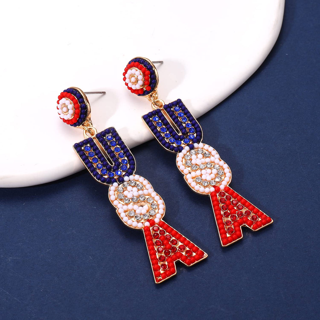 NLCAC USA Earrings Beaded American Flag Earrings USA Star Ice Cream Drop Dangle Earrings 4th of July Gifts for Women Star