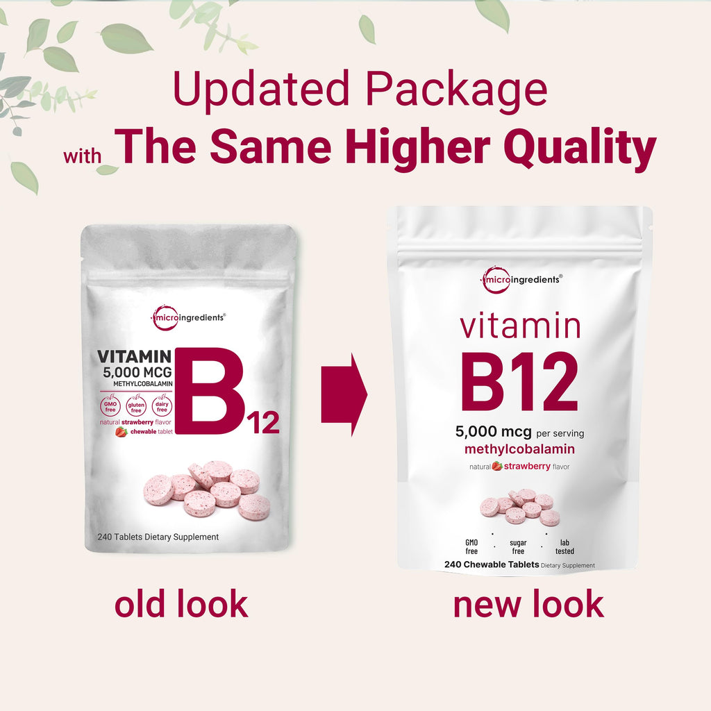 Micro Ingredients Vitamin B12 5,000 mcg | Methylcobalamin – 240 Chewable Tablets | Fast Dissolve, Natural Strawberry Flavor | Vegan, Non-GMO, Gluten Free