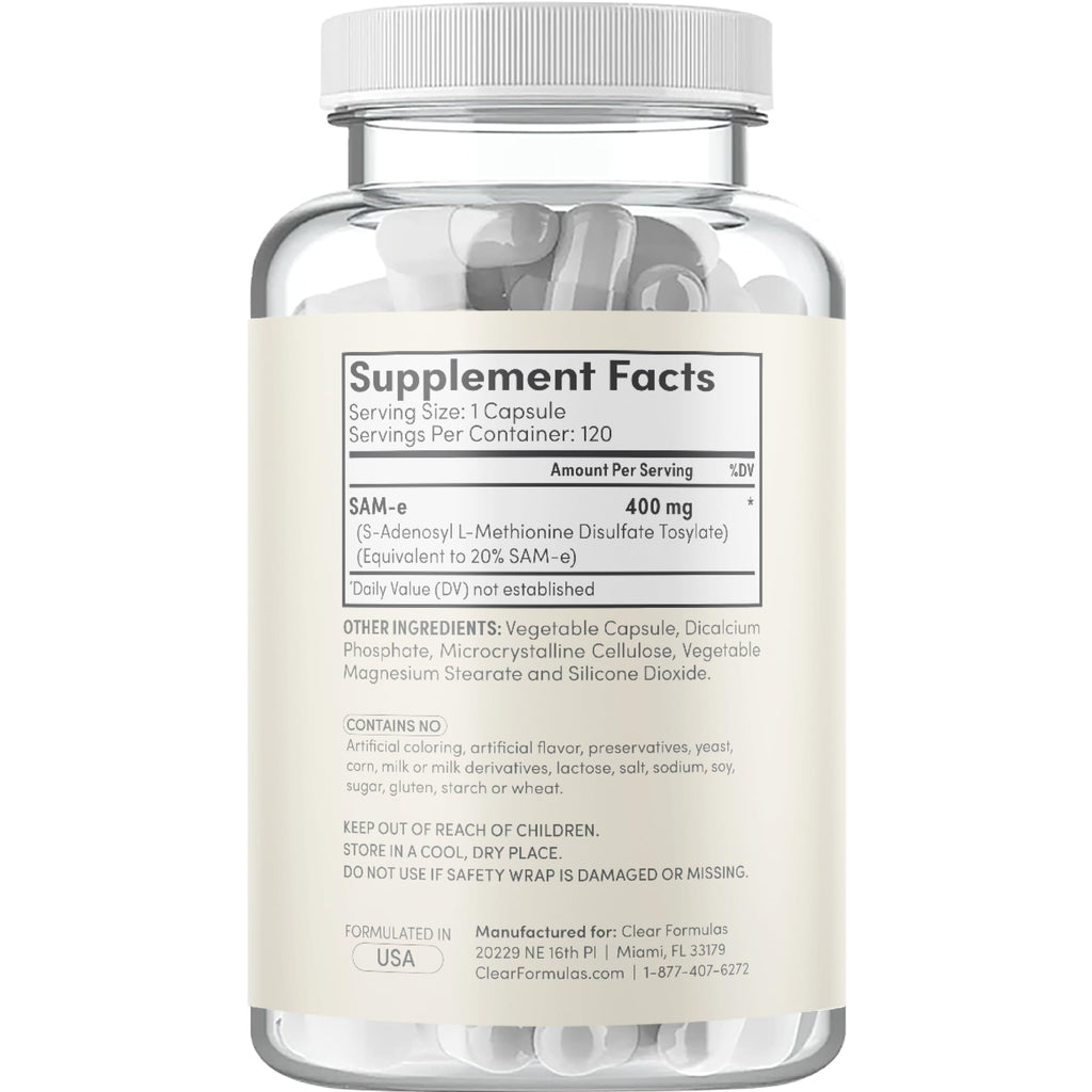 Clear Formulas Bioactive SAM-e 400mg - High Strength SAM-e Supplement with Biologically Active S,S Form for Liver and Mood Support - Vegan Non-GMO Preservative Free - Made in The US (120 Servings)