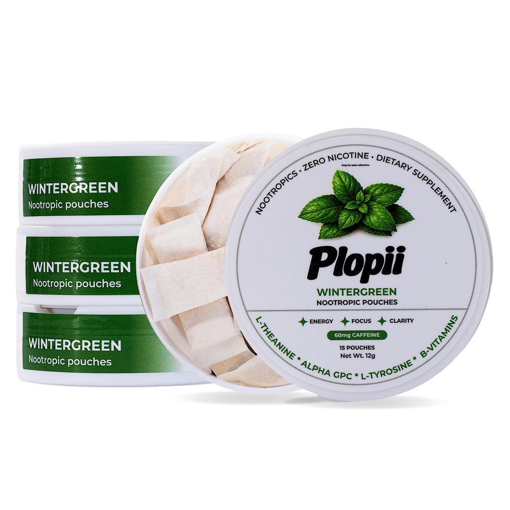 Plopii Caffeine Focus & Energy Nootropic Pouches | Alpha GPC, L-Theanine, L-Tyrosine, Ginseng, Vitamin B6 + B12 | No Jitters, No Crash | Tobacco-Free, Nicotine-Free (Wintergreen)