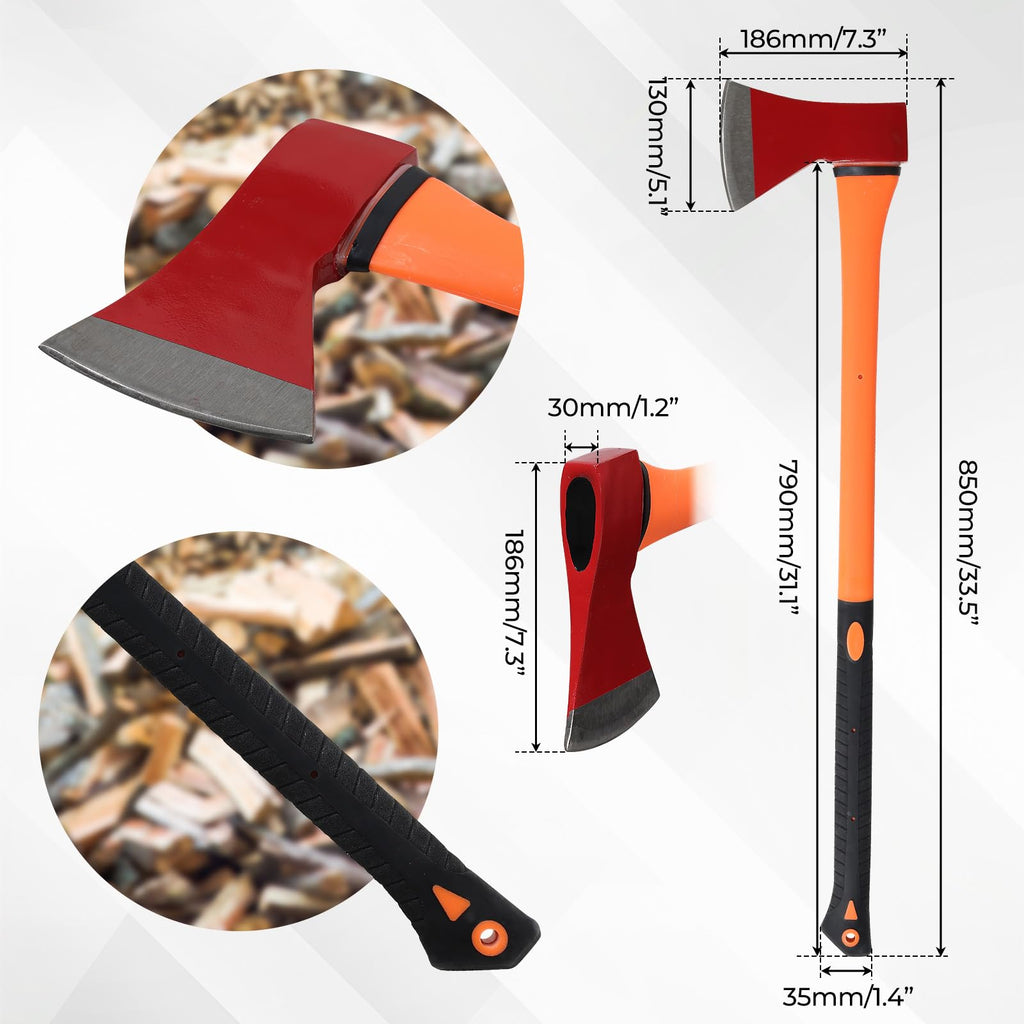 Chopping Axe: 33.5” Hatchet Axe with Shock Absorbing Fiberglass Handle 4.5lbs Felling Axes for Splitting Log Cutting Firewood GardeningTool