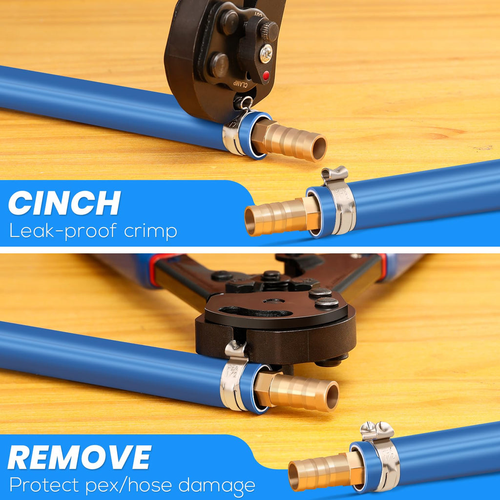 OURU 2 IN 1 Ratchet Pex Crimping Tool Cinch and Remove Combo Function Pex Pipe Crimp Tool from 3/8" to 1" Pex Crimper with Pex Cutter and Stainless Steel Pex Clamps 1/2" 25PCS,3/4" 10PCS