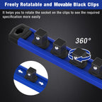 WORKPRO Magnetic Socket Organizer Set, 3-Piece Aluminum Alloy Socket Rail, Heavy Duty Socket Holder, Socket Rack Kit 1/4-Inch x 12 Clips, 3/8-Inch x 10 Clips, 1/2-Inch x 10 Clips (Blue)