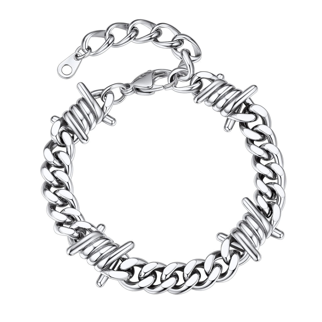 Bestyle Stainless Steel Barbed Wire Bracelets 9mm Thick Heavy Men Hand Chain Unisex Silver Cuban Chain Bracelet Punk Gothic Bracelets for Men Women