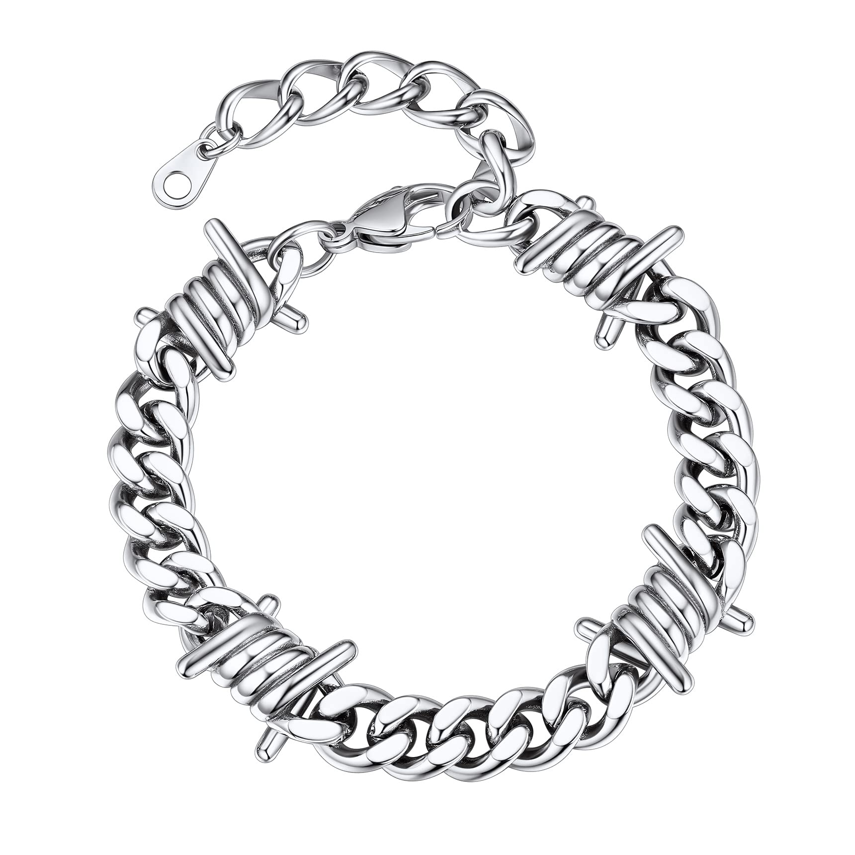 Bestyle Stainless Steel Barbed Wire Bracelets 9mm Thick Heavy Men Hand Chain Unisex Silver Cuban Chain Bracelet Punk Gothic Bracelets for Men Women