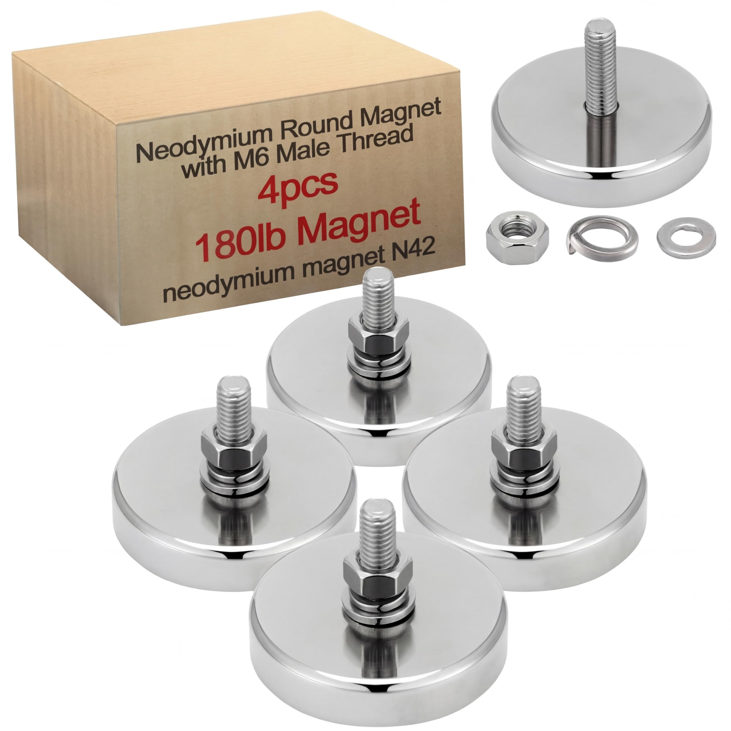 Flutesan 4 Pieces Heavy Duty Neodymium Round Mounting Magnet with Bolt 1.65in-180lb-M6 Silver with Male Thread Stud Strong Rare Earth Magnet Super Powerful for Lighting Camera Brackets License Plate
