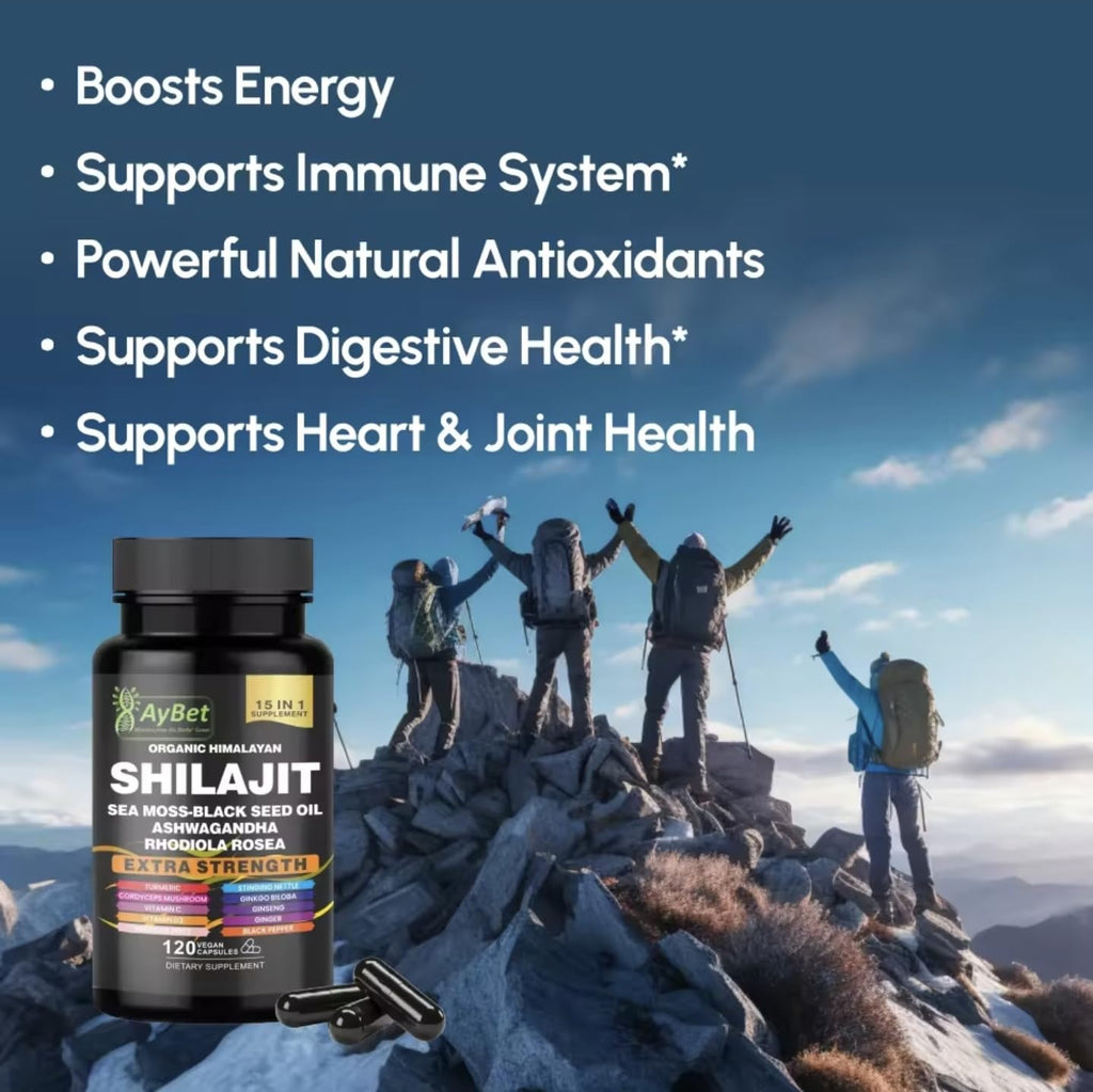 AyBet Shilajit for Men and Women-Organic Himalayan Shilajit Capsules with Sea Moss, Black Seed Oil, Ashwagandha, Rhodiola Rosea, Burdock, Cordyceps Mushroom, Ginseng, Turmeric, Ginger, 120 Capsules