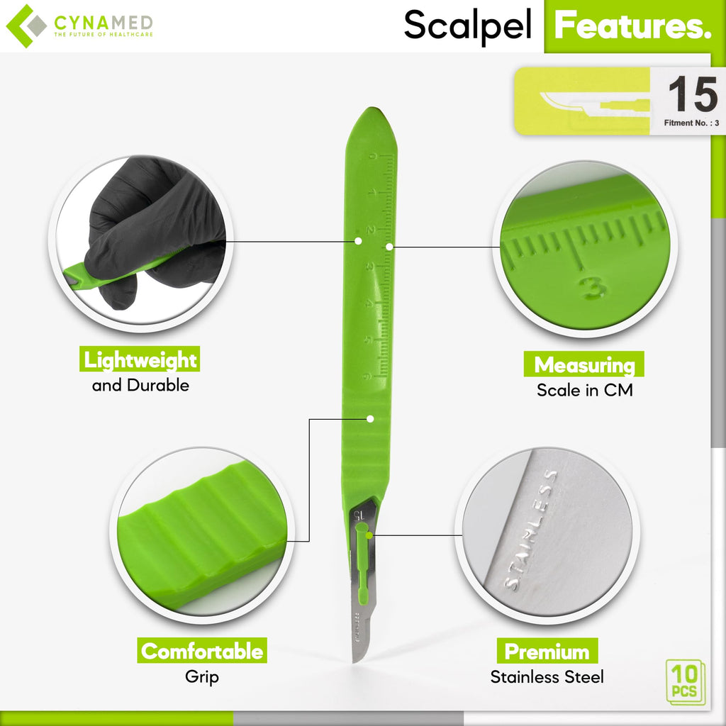 Cynamed Disposable Scalpel Blades| Sharp, Tempered Stainless-Steel Blades | Pack of 10 Sterile Scalpel Knives| Plastic Handle| Individual Pouches| for Dermaplaining, Crafts & More (No.15)