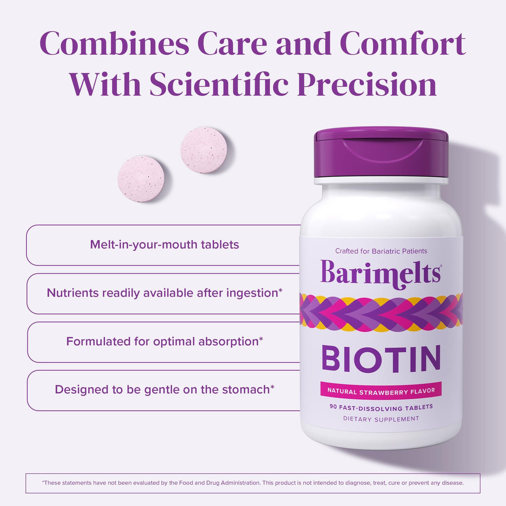 BariMelts Biotin 5000mcg, 90 Fast-Dissolving Tablets (3-Month Supply), Sugar-Free Bariatric Vitamins for Women, Natural Strawberry Flavor