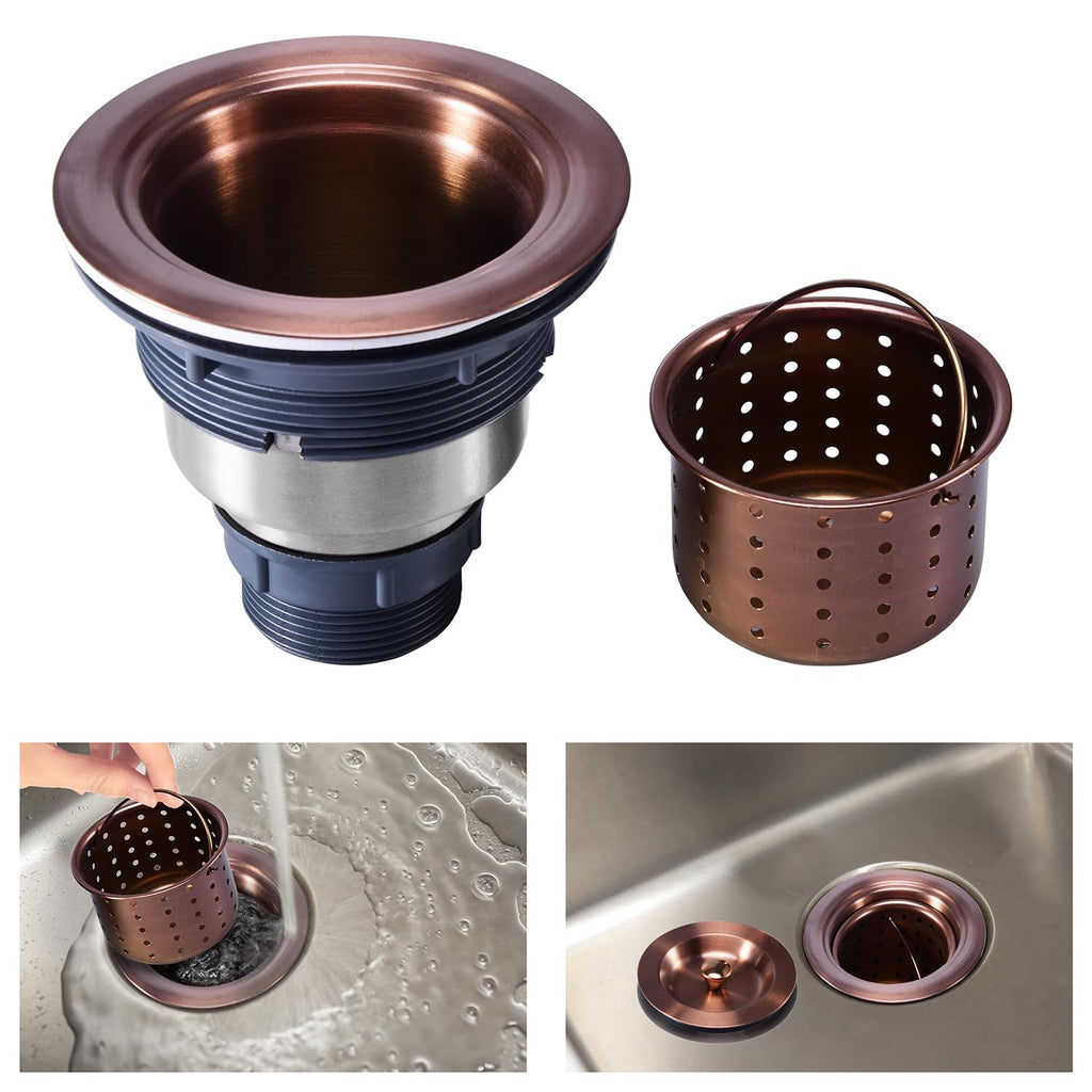 KONE 3/1-2 Inch Sink Drain Assembly Antique Copper Kitchen Sink Drain Kit Copper Stainless Steel Sink Basket Strainer Rubber Stopper, Sealing Lid/Removable Deep Waste Basket for Home, Kitchen