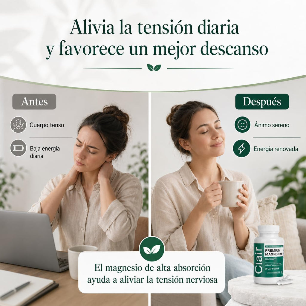 Clair Magnesio Premium, with B6 D3 Zinc – 4-in-1 Blend, Gentle on Stomach, Full Body Unwind – Muscle Relaxation + Digestive Comfort + Sleep Aid. (Glycinate, Malate, Citrate, Oxide) 90 Capsules