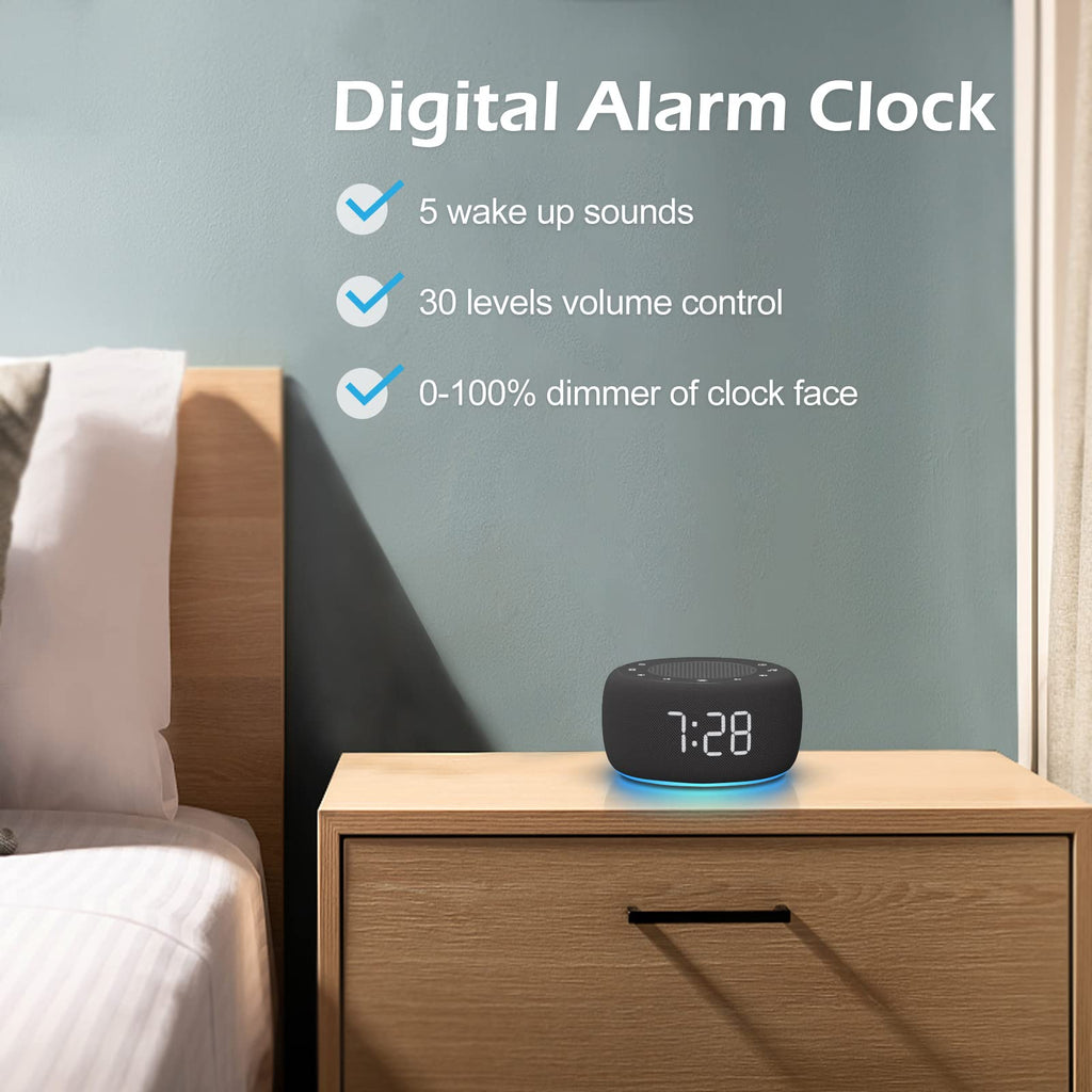 Buffbee Sound Machine & Alarm Clock 2-in-1, 0-100% Clock Face Brightness, Bottom Colored Light, Sleep Timer, Precise 30-Level Volume Control White Noise Machine - Twilight