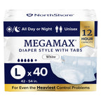 NorthShore MegaMax Adult Overnight Diapers, 12-Hour Tab-Style, Large, 40 Count Case, White, 42-54 inches, Unisex Incontinence Underwear