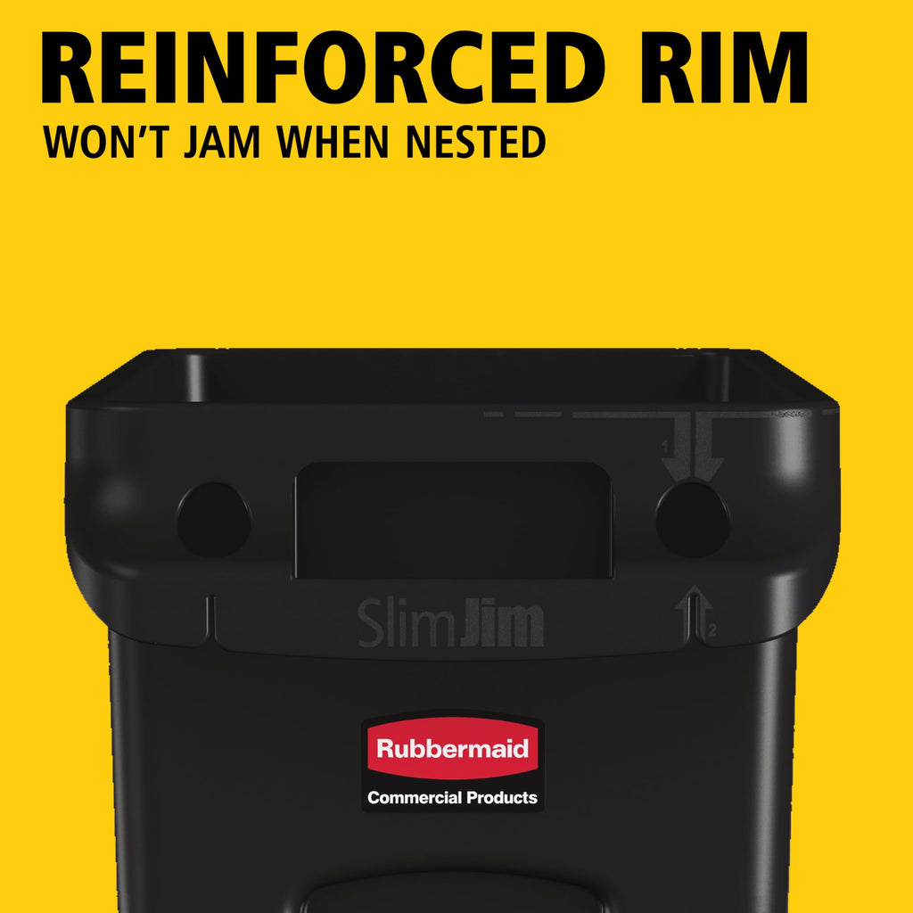Rubbermaid Commercial Products Slim Jim Plastic Rectangular Trash/Garbage Can With Venting Channels, 23 Gal, Black, for Kitchen/Office/Workspace