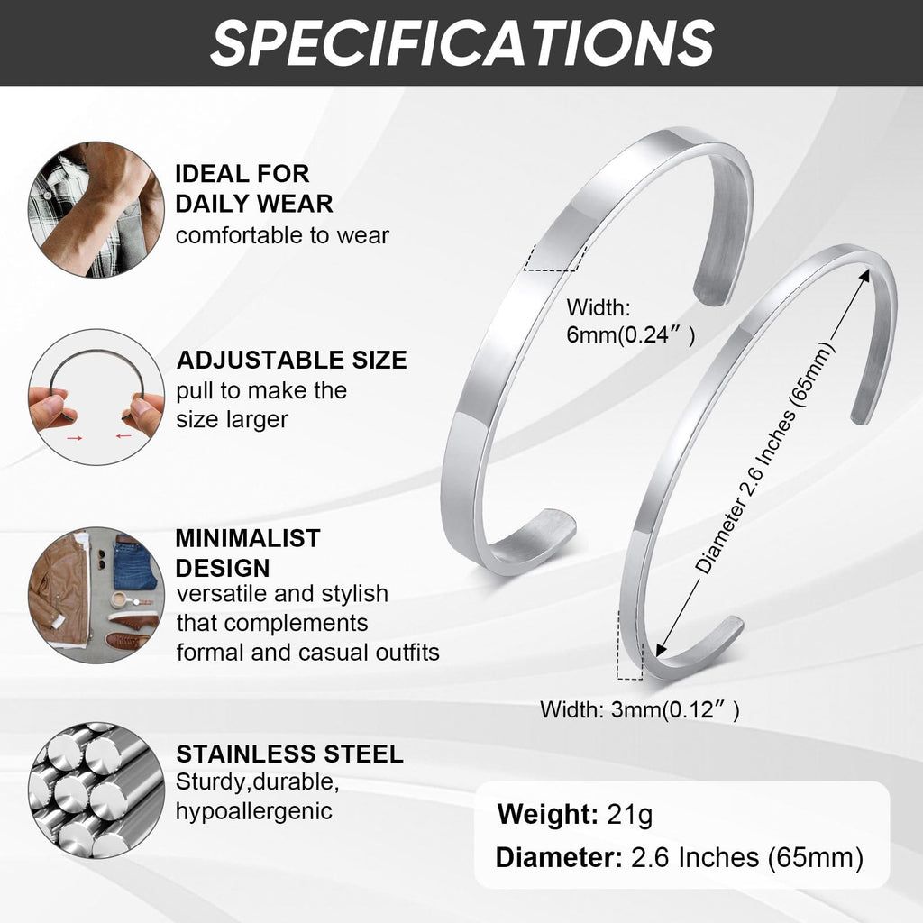 MEALGUET Stainless Steel Mens Cuff Bracelet : Polished 2 Pcs Stackable Metal Minimalist Open Cuffs Bangle Bracelet Set for Men,Mens Jewelry Gift, Silver