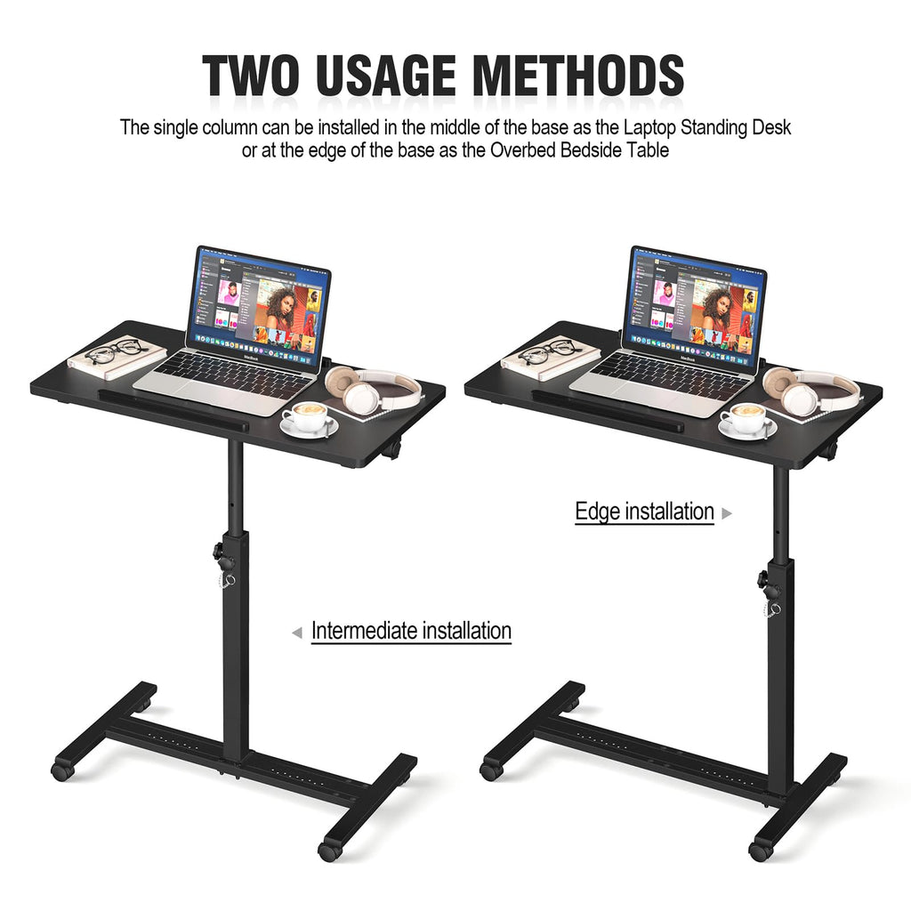 Eocnrhe Adjustable Overbed Bedside Table, Hospital Bed Table with Wheels, Portable Rolling Desk, Mobile Small Standing Desk, Rolling Laptop Stand, Computer Cart