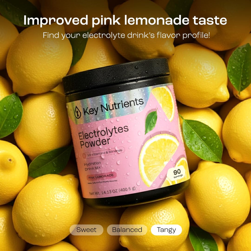 KEY NUTRIENTS Multivitamin Electrolytes Powder No Sugar - Fresh Pink Lemonade Electrolyte Powder - Endurance & Energy Supplement - Hydration Powder - No Calories - 90 Servings - Made in USA