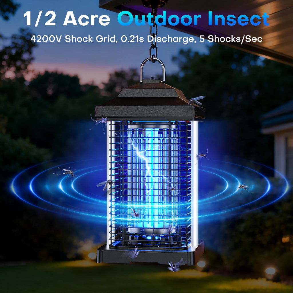 AVAXO Bug Zapper Outdoor, Dual Wavelength UV 50000H Lifespan & Dual LED Lamps, 1/2 Acre Coverage, 5 Zaps/Sec, 4200V Electric Mosquito Zapper, IPX4 Waterproof Fly Trap for Indoor Patio Backyard